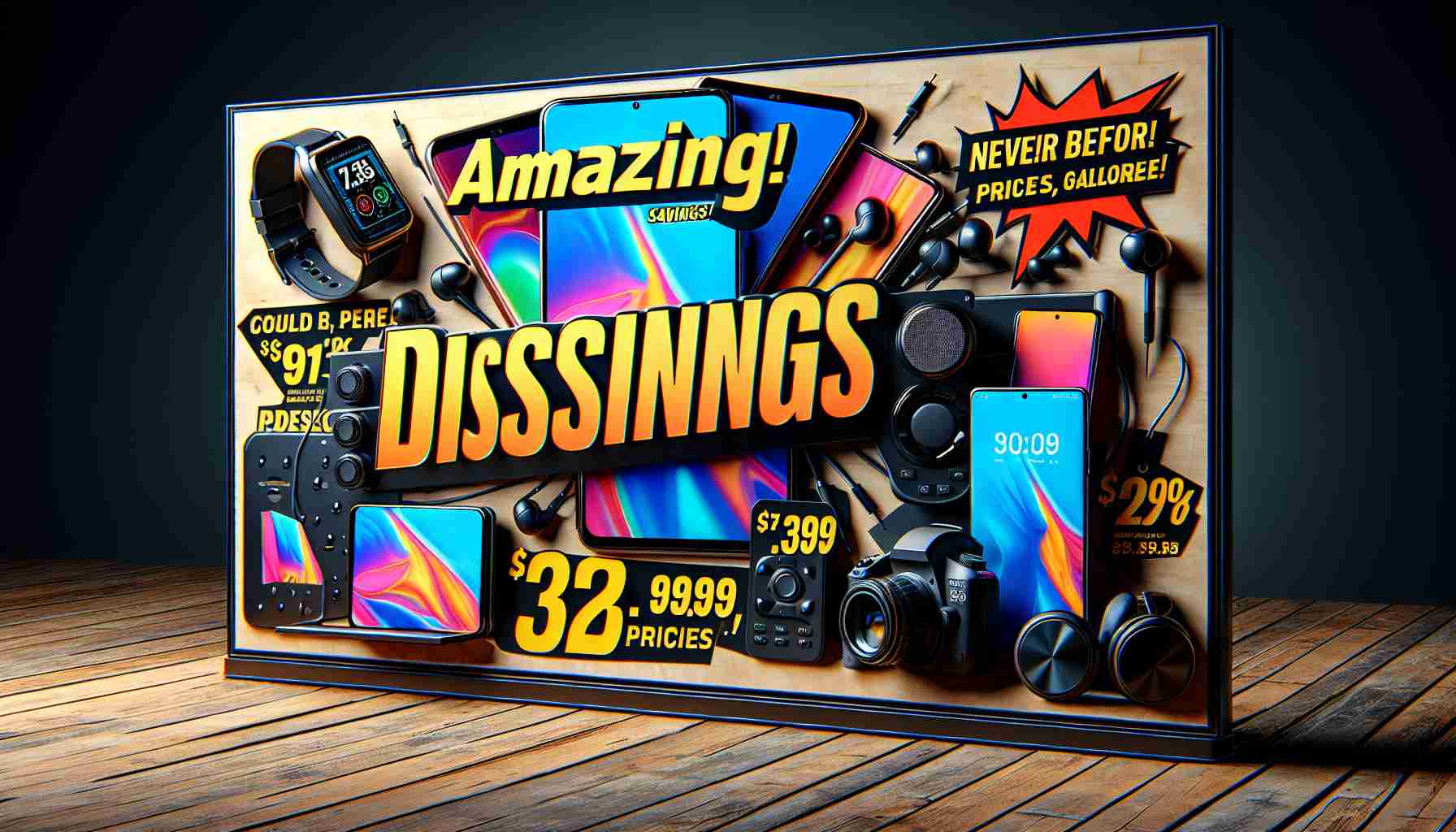 A realistic, high-resolution photograph of an advert promoting incredible discounts on a range of tech gadgets. The image should ideally showcase a range of popular tech devices, such as smartphones, laptops, smartwatches and earbuds. The presentation of the discount offer should use large, bold fonts and striking colours to grab the viewer’s attention and give an exciting sense of the money that can be saved. Perhaps the discount taglines could include phrases such as “Amazing savings!”, “Never before these prices!” or “Tech deals galore!”